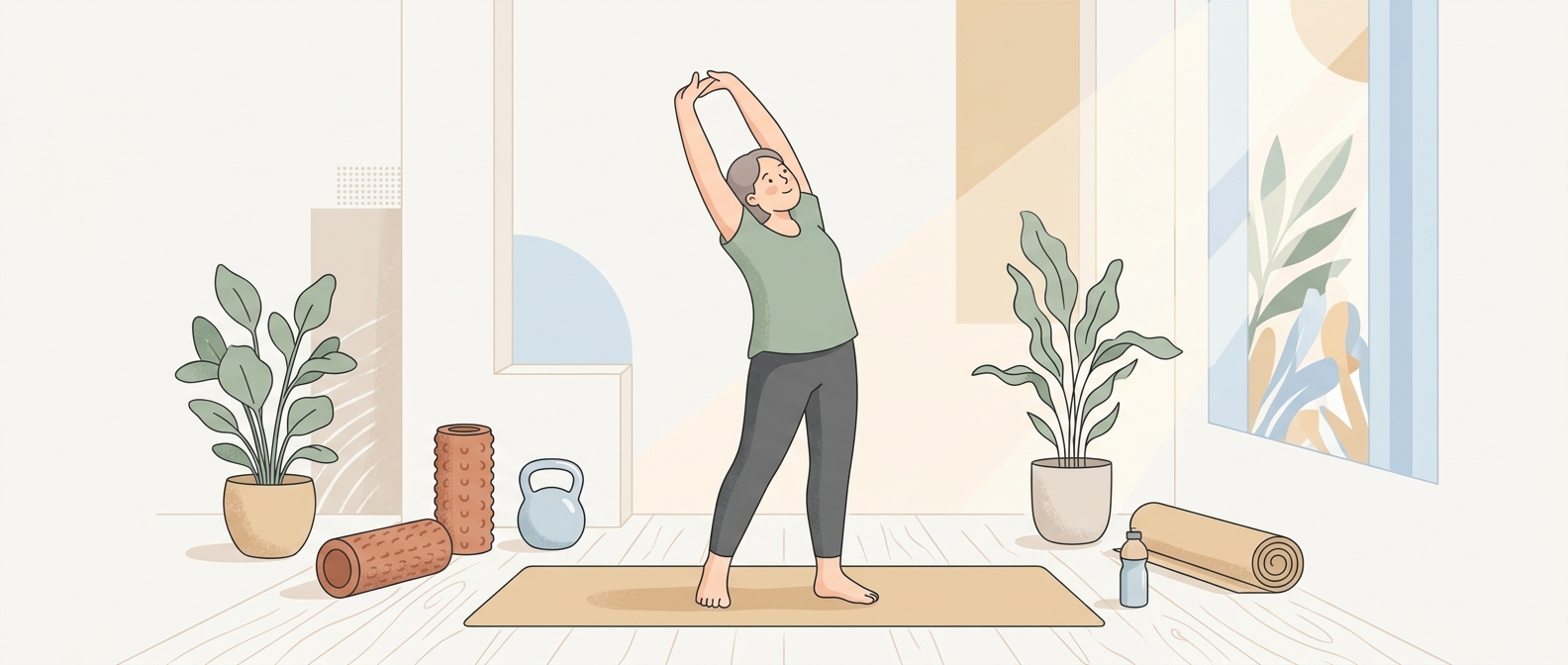 Calm gym scene with a person stretching